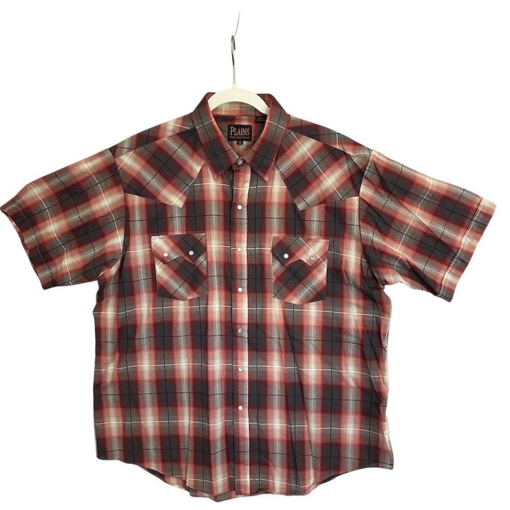 Plains Western Wear Men's XL Red Plaid Pearl Snap Shirt Short Sleeve - VINTAGE